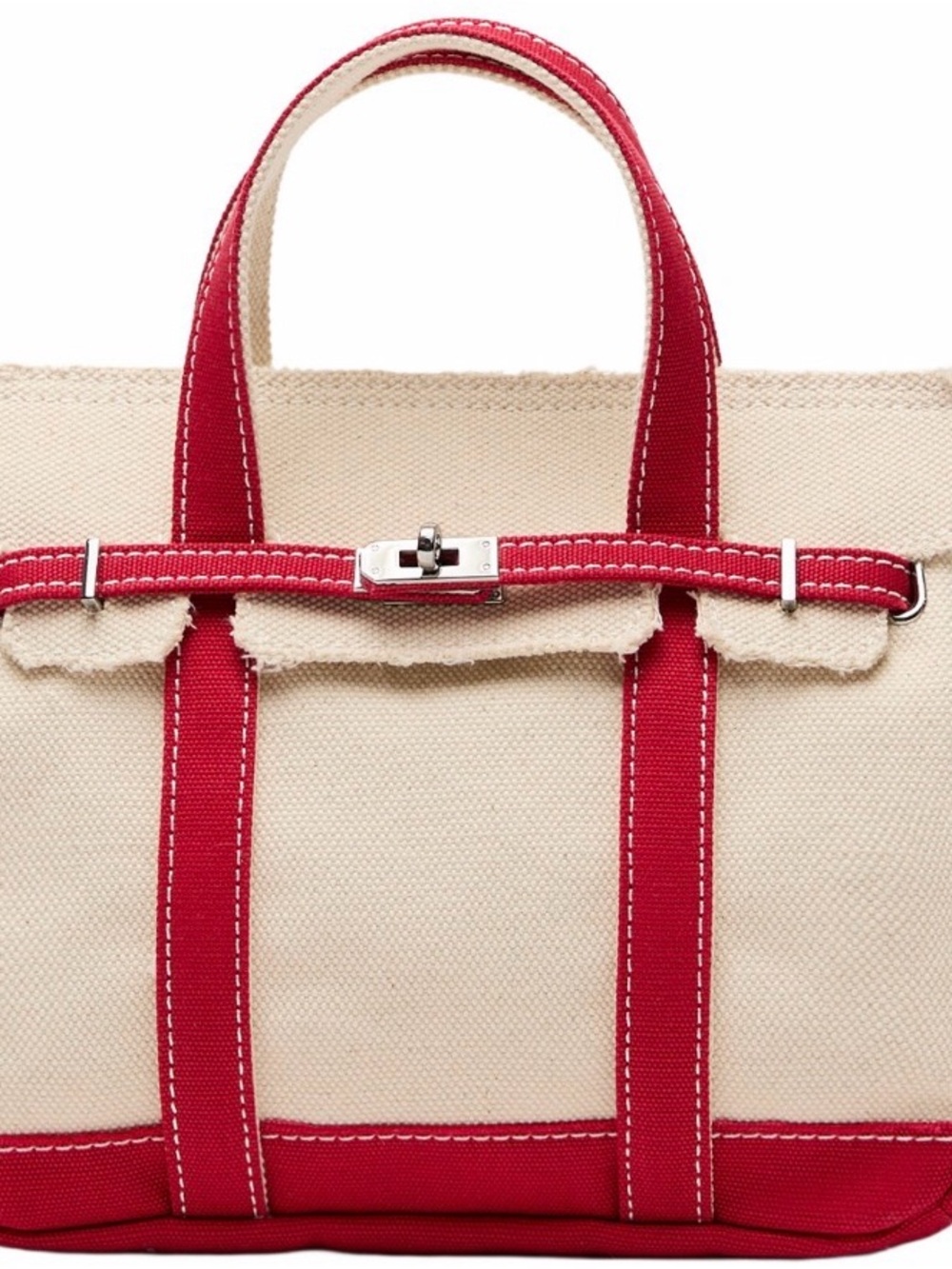 Small Sunwin Cream Canvas Tote with Red Trim and Silver Hardware
